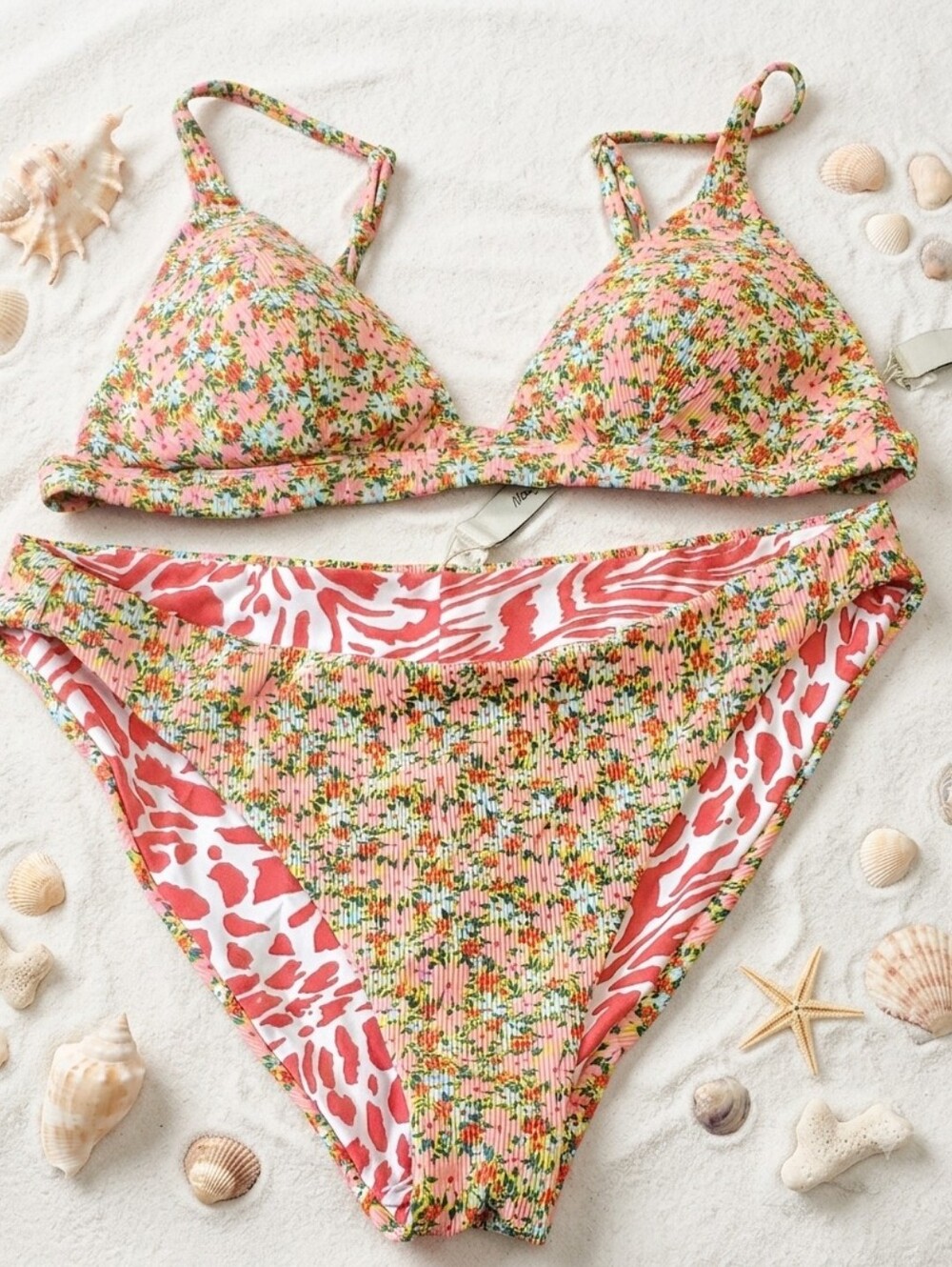 Maaji Multicolor Ribbed Bikini Tag with Pink & Yellow Accents